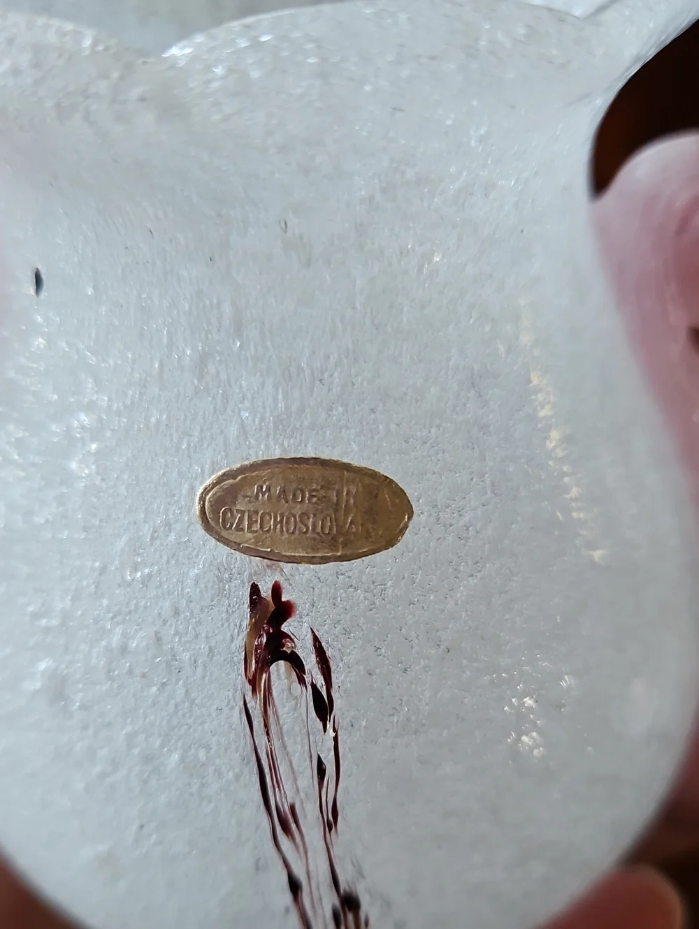Rare 1940s Škrdlovice Czech Art Glass Pink Scroll Oxblood Vase Emanuel Beránek